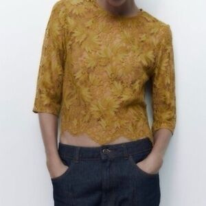 Zara Womens Mustard Lace Crop Top - Three-Quarter Sleeve Size XL